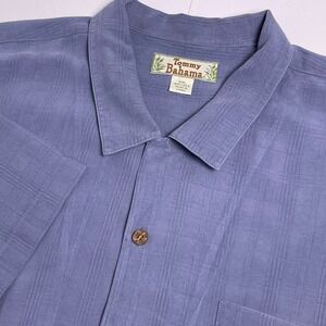 Tommy Bahama Men's XXL Blue Silk Camp Shirt Jacquard Stripe Short Sleeve Button